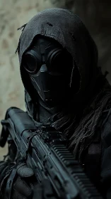 Hooded tactical soldier in gas mask grips rifle silently.