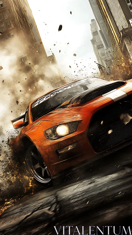 Street-shredding orange racer storms a crumbling cityscape.
