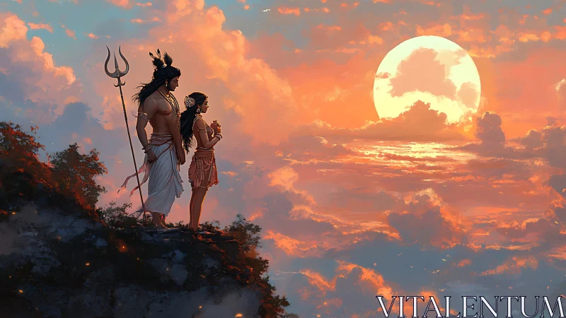 Mythic couple silhouetted on cliff against radiant sunset sky