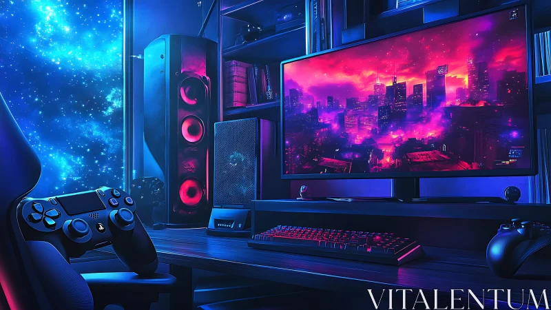 Neon-lit gaming battlestation with cosmic window backdrop.
