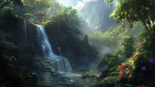 Lush mountain gorge waterfall with overgrown ancient sanctuary