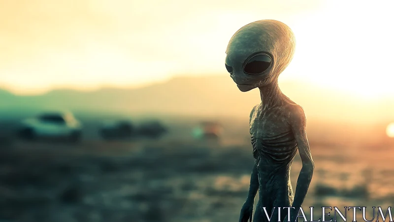 Extraterrestrial figure in backlit desert environment at dusk.