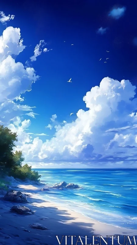 Gentle waves and bright clouds welcome a peaceful shore walk