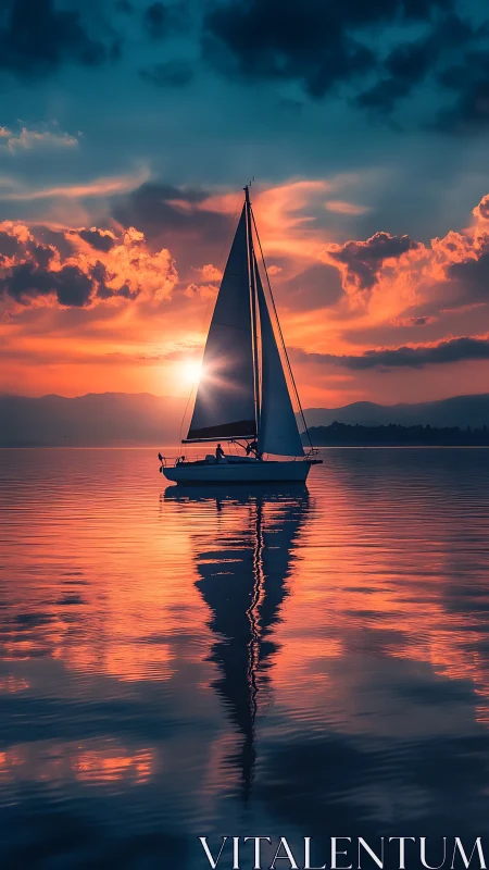 Sailboat stitches molten sunset across mirrorwater horizon.