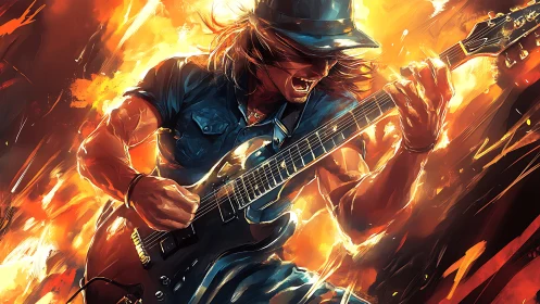 Electric guitarist shredding amid blazing abstract flames.