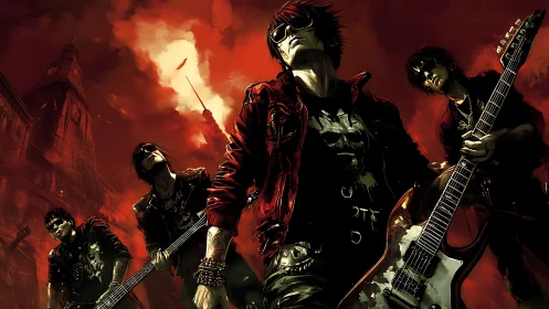 Digital painting of rock band amid apocalyptic red cityscape.