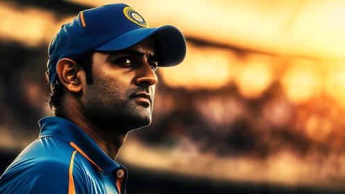 Cricket player portrait under dramatic sunset stadium lighting.