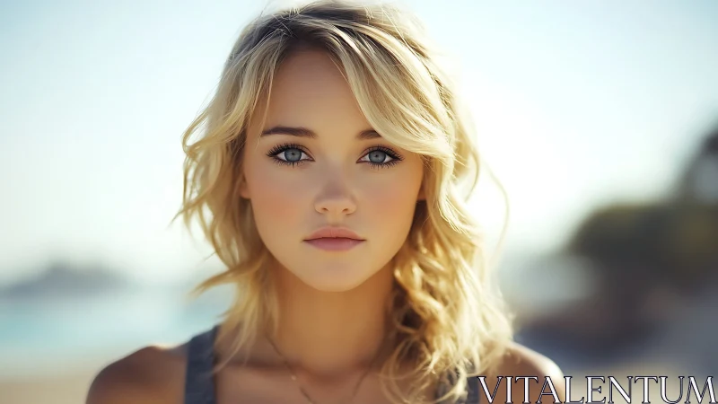 Soft sunlit portrait captures a serene gaze by the seaside