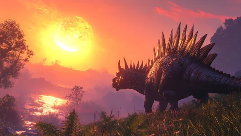Spiked dinosaur silhouette against vivid prehistoric sunset.