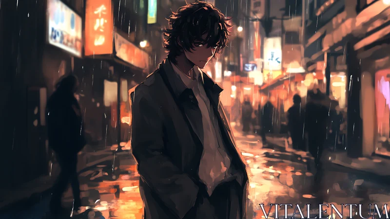 Brooding loner under neon rain in moody city streetscape.