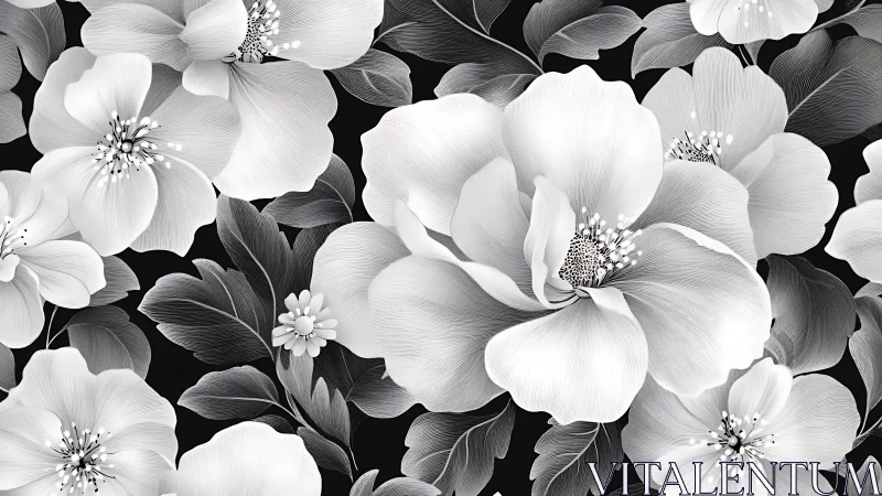 Black White Floral Illustration Monochromatic Blooms