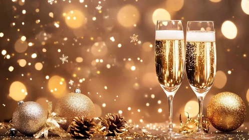Golden champagne flutes glow amid festive holiday lights.
