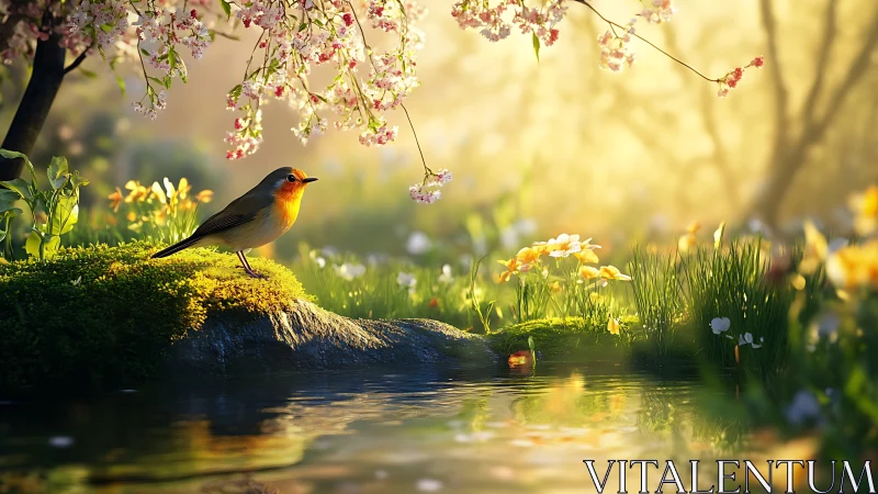 Spring songbird beside sunlit forest pond at sunrise.