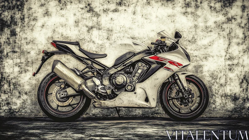 Sport motorcycle side profile against textured concrete wall.