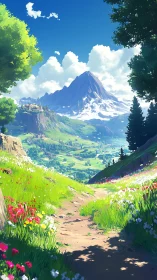 Sunlit mountain trail winding through bright spring valley.