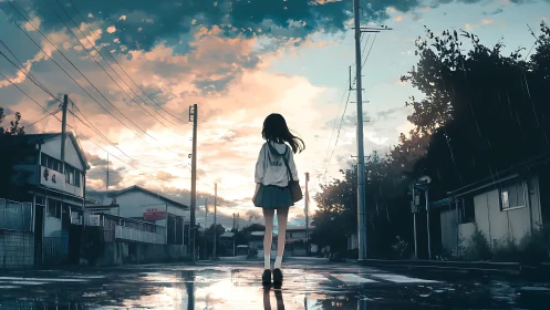 Backlit schoolgirl on wet suburban street under luminous sky