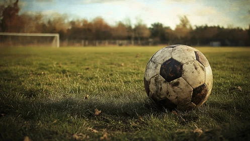 Weathered soccer ball resting on a quiet autumn field.