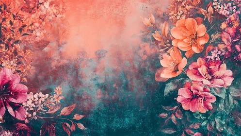 Vintage Floral Dreamscape with Romantic Coral and Teal Palette