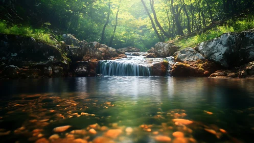 Forest hush and amber stones beneath a whispering waterfall.