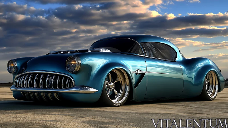 Custom teal hot rod coupe sits low on an open airstrip