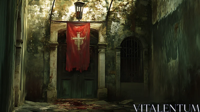 Decayed stone portal framed by torn red crusader banner