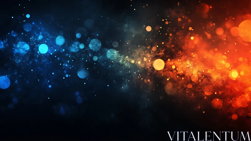 Blue and orange particle fields collide across dark background.