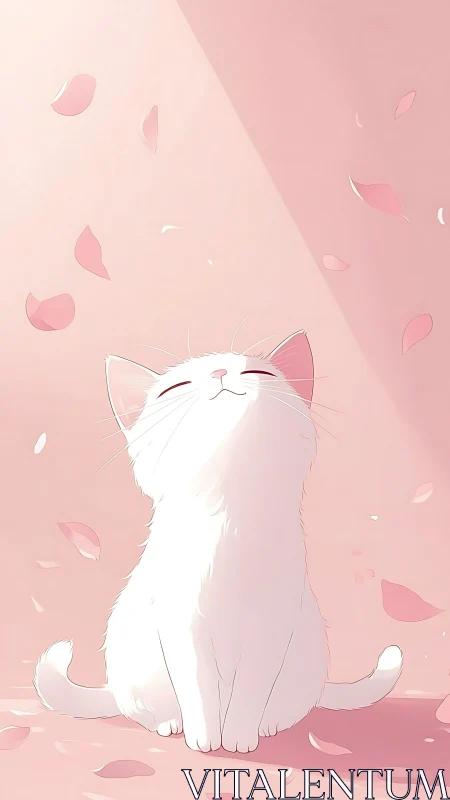 White cat basks in pink petals under soft spring light.