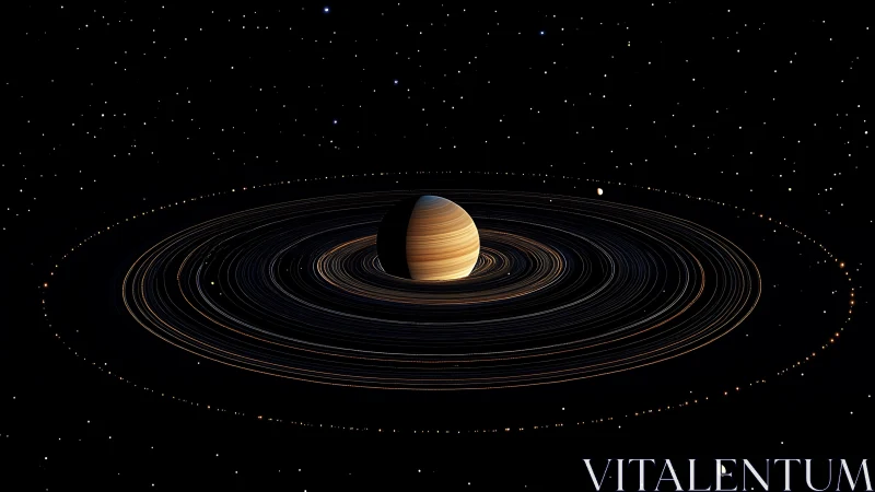 Ringed gas giant with dense multi-band rings in deep space