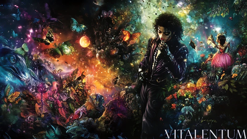 Enigmatic figure wanders through a neon-lit fantasy garden.