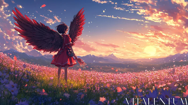Winged dusk dreamer pauses above a storm of sunset petals