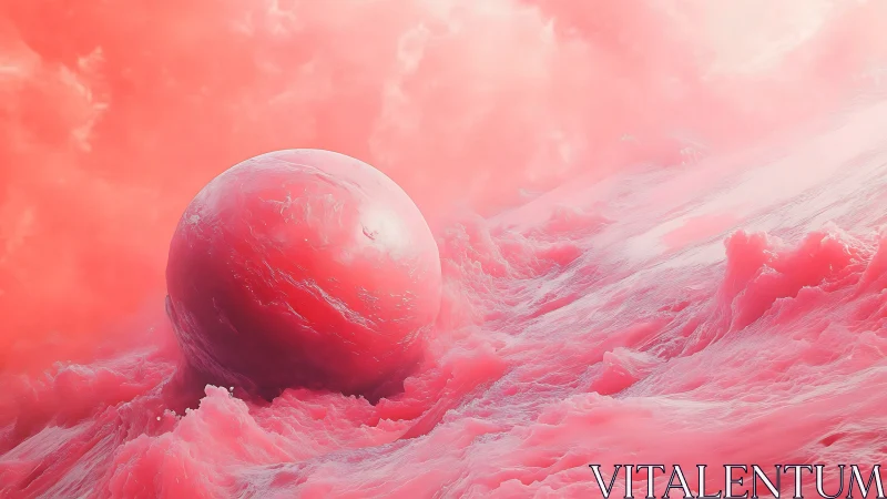Pink sphere rests within turbulent textured pink waves