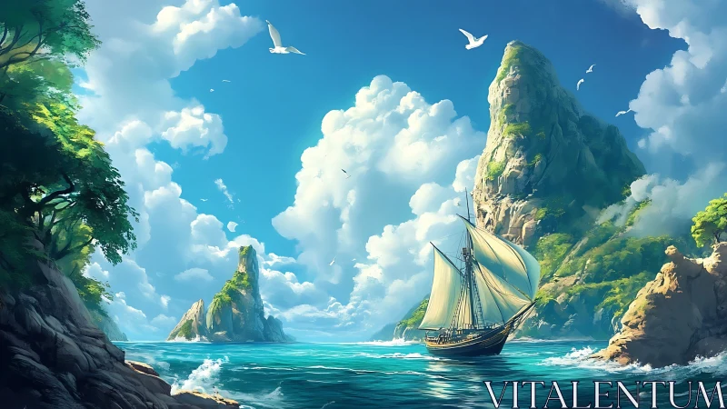 Sailing Ship Navigates Between Cliff Towers in Turquoise Waters