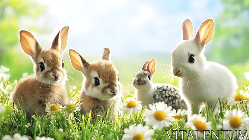 High-key meadow scene renders four juvenile rabbits among daisies