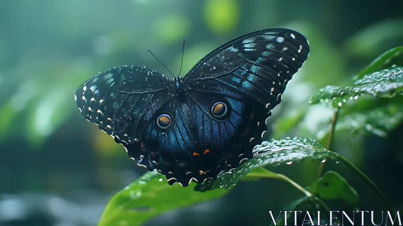 Midnight blue butterfly resting on rain-kissed leaves.