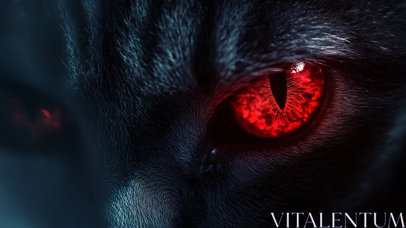 Close view isolates a red feline eye with detailed fur lighting