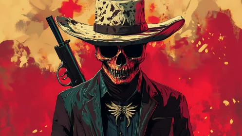 Gun-toting skeletal cowboy stands in blazing red inferno.