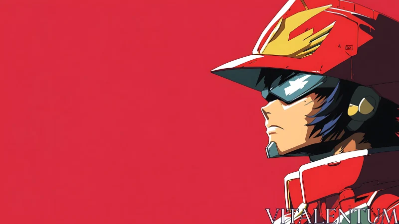 Bold anime pilot gazing ahead in striking red armor.