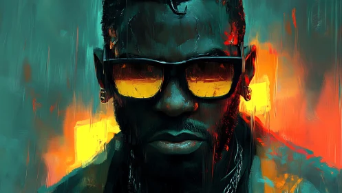 Intense portrait shows man in neon glasses against glowing city