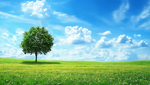 Solitary deciduous tree on sunlit meadow under cumulus sky