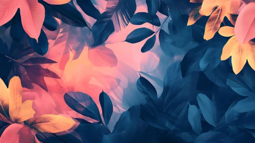 Dreamy tropical leaves glowing in soft sunset colors.
