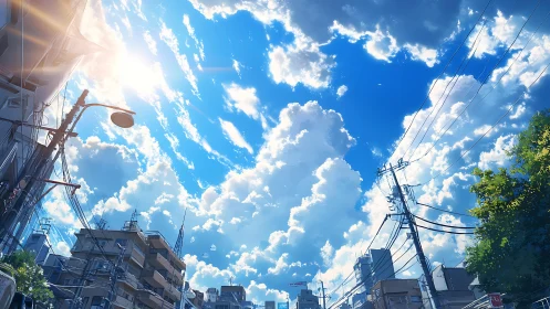 High-noon urban street under expansive cloud-filled anime sky