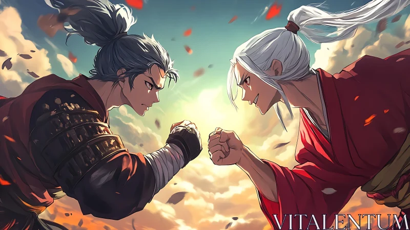 Dynamic anime duel in opposing motion across sunset sky.