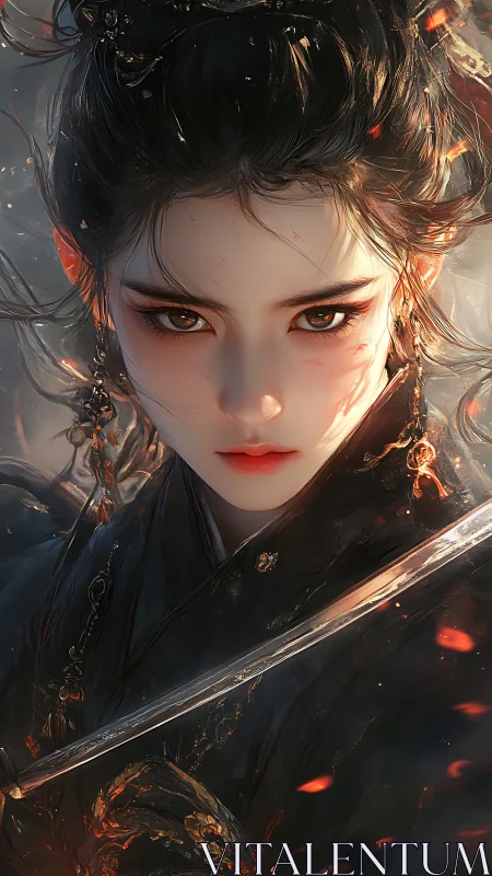 Fierce warrior heroine glowing with ember lit resolve.