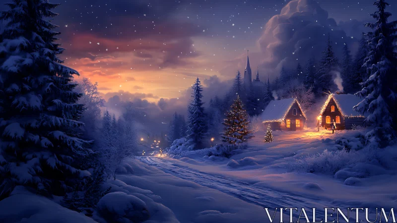 Snowy twilight village glowing with cozy winter magic.