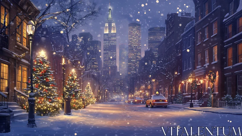 Snowy city street glows with festive Christmas lights at dusk.