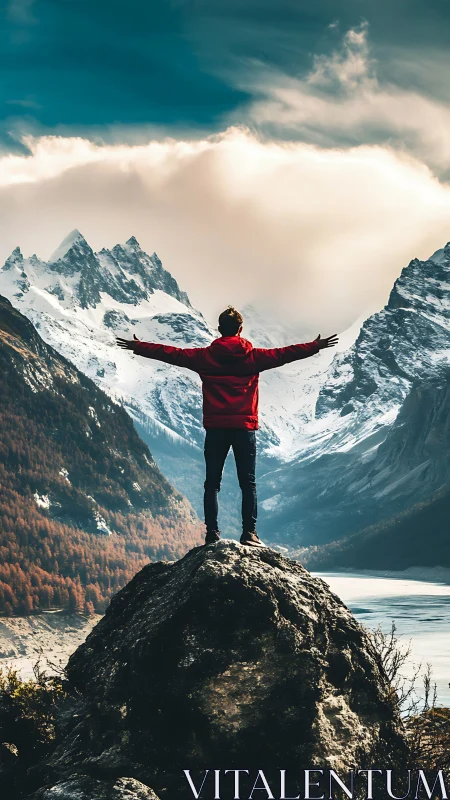 Hiker in red jacket stands on rock facing snowy mountains.