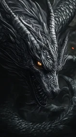 Digital painting of obsidian dragon head with coiled body detail.