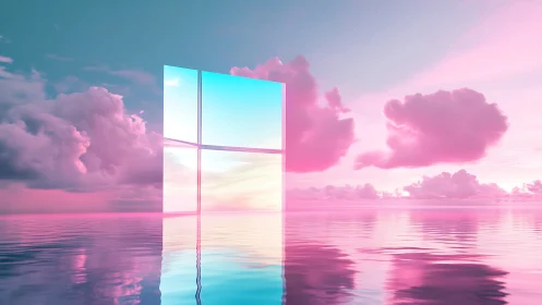 Rectangular glass structure stands in reflective pink seascape