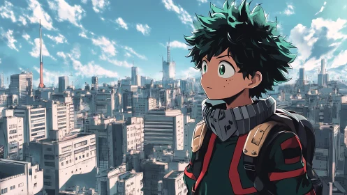 Hopeful green-haired student gazes over a bright city skyline