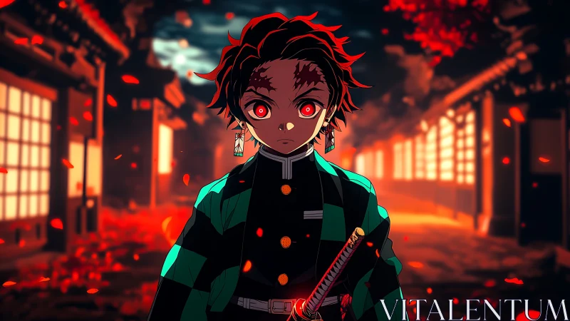 Determined anime swordsman stands in a fiery night street